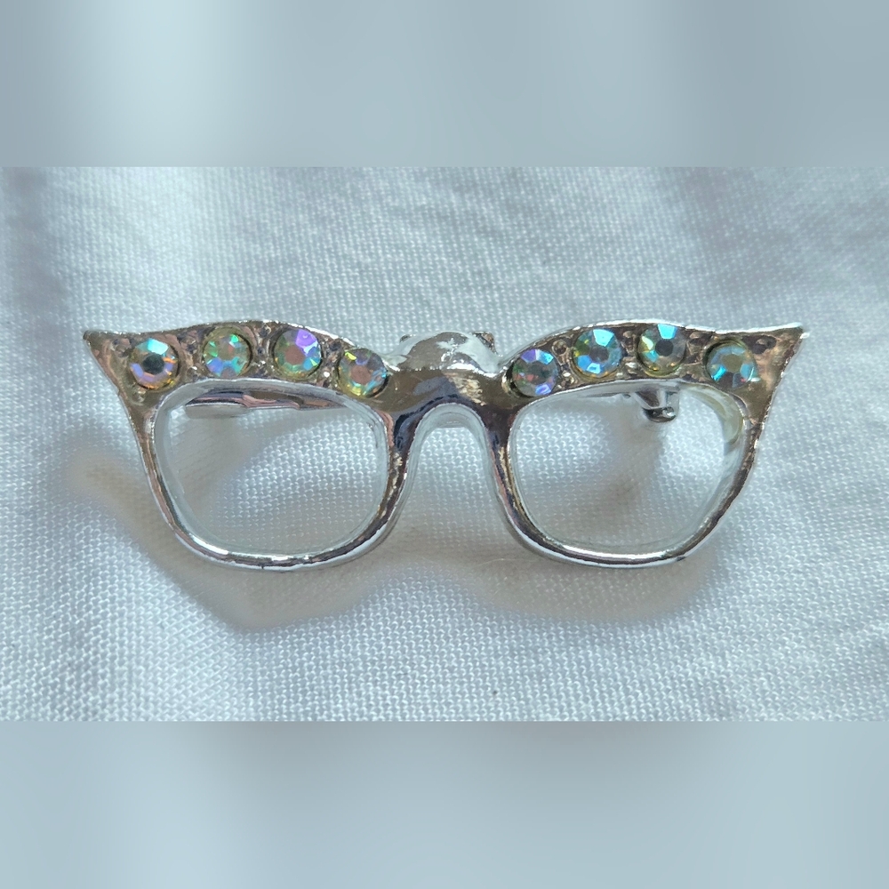 Vintage Silver-Tone Cat-Eye Glasses w/ AB Rhinestones Brooch Retro
